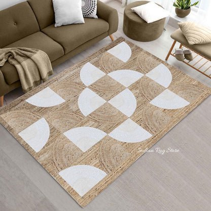 Alfombra rectangular de yute trenzada a mano en color blanco y beige para sala de estar