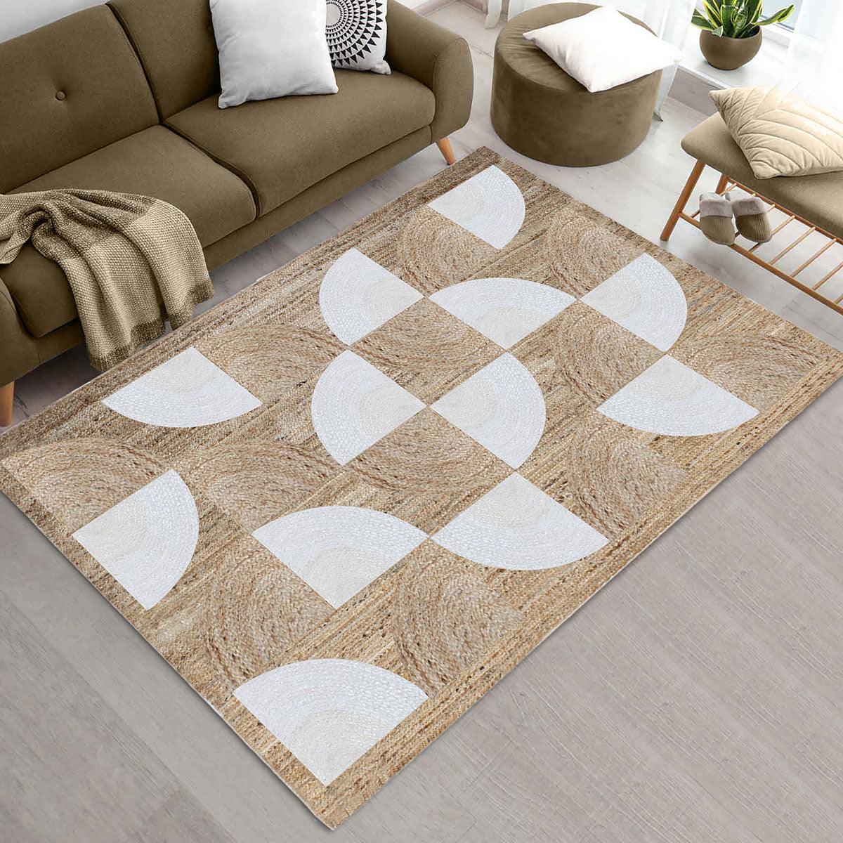 Rectangle White Beige Hand Braided Living Area Jute Rug - Indian Rug Store