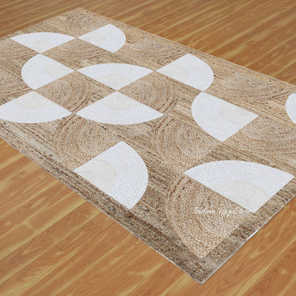 Rectangle White Beige Hand Braided Living Area Jute Rug