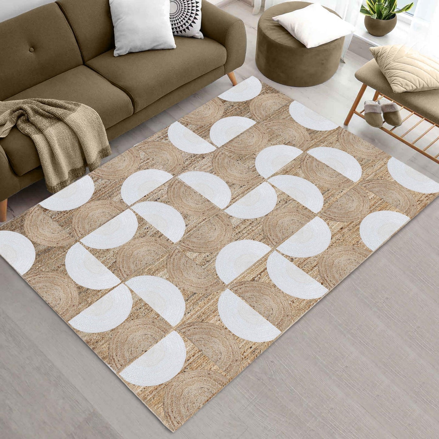 Hand Braided Geometric White Beige Farm House Decor Jute Rug - Indian Rug Store