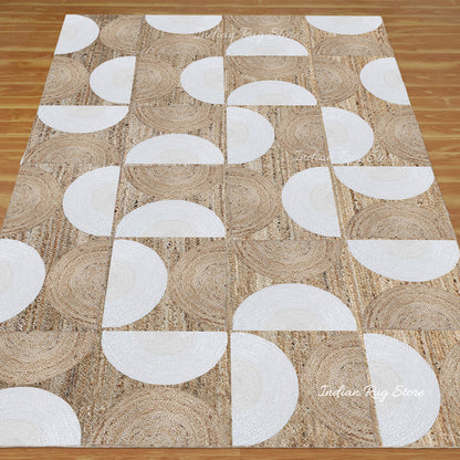 Hand Braided Geometric White Beige Farm House Decor Jute Rug