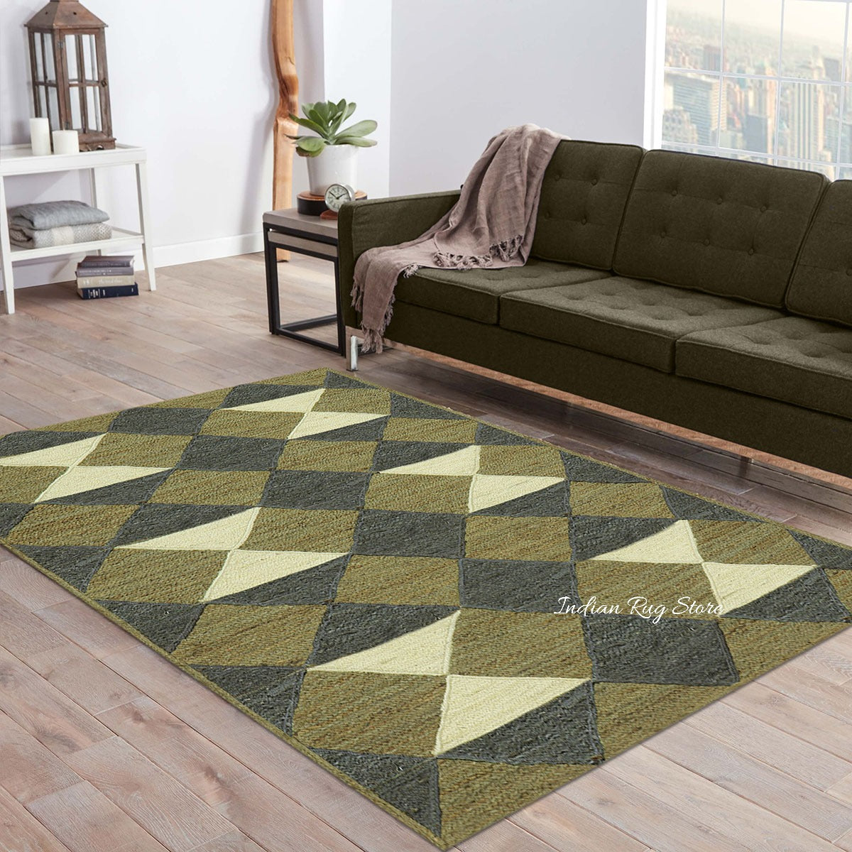 Green Multicolor Hand Braided Geometric Entrance Jute Rug