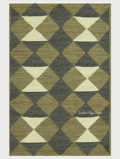 Green Multicolor Hand Braided Geometric Entrance Jute Rug