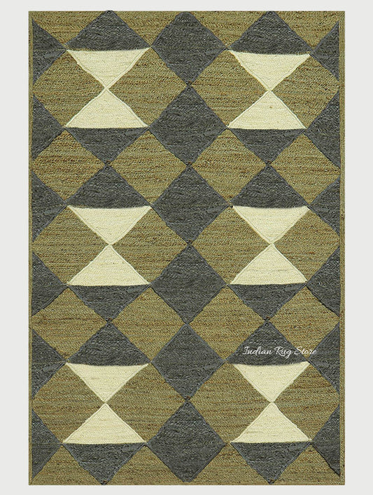 Green Multicolor Hand Braided Geometric Entrance Jute Rug