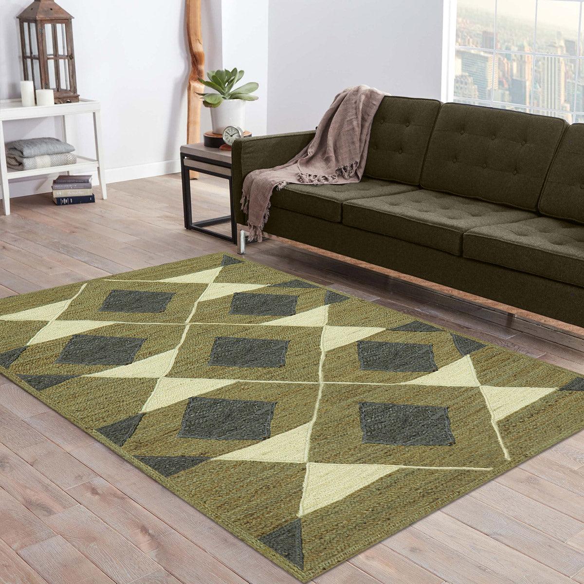 Geometric Green Multicolor Hand Braided Farm House Jute Rug - Indian Rug Store