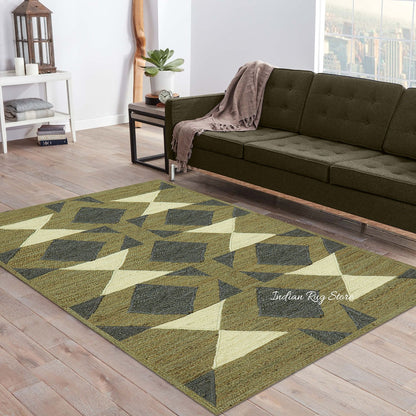 Multicolor Green Geometric Hand Braided Living Area Jute Rug