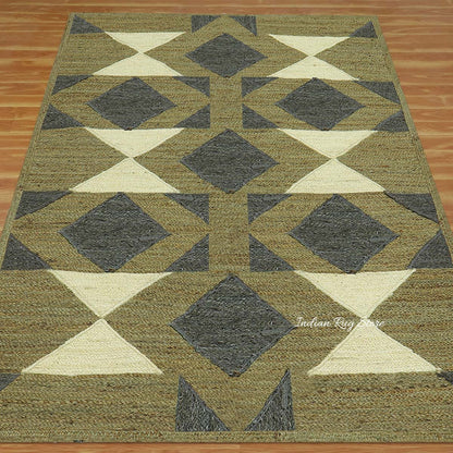 Multicolor Green Geometric Hand Braided Living Area Jute Rug