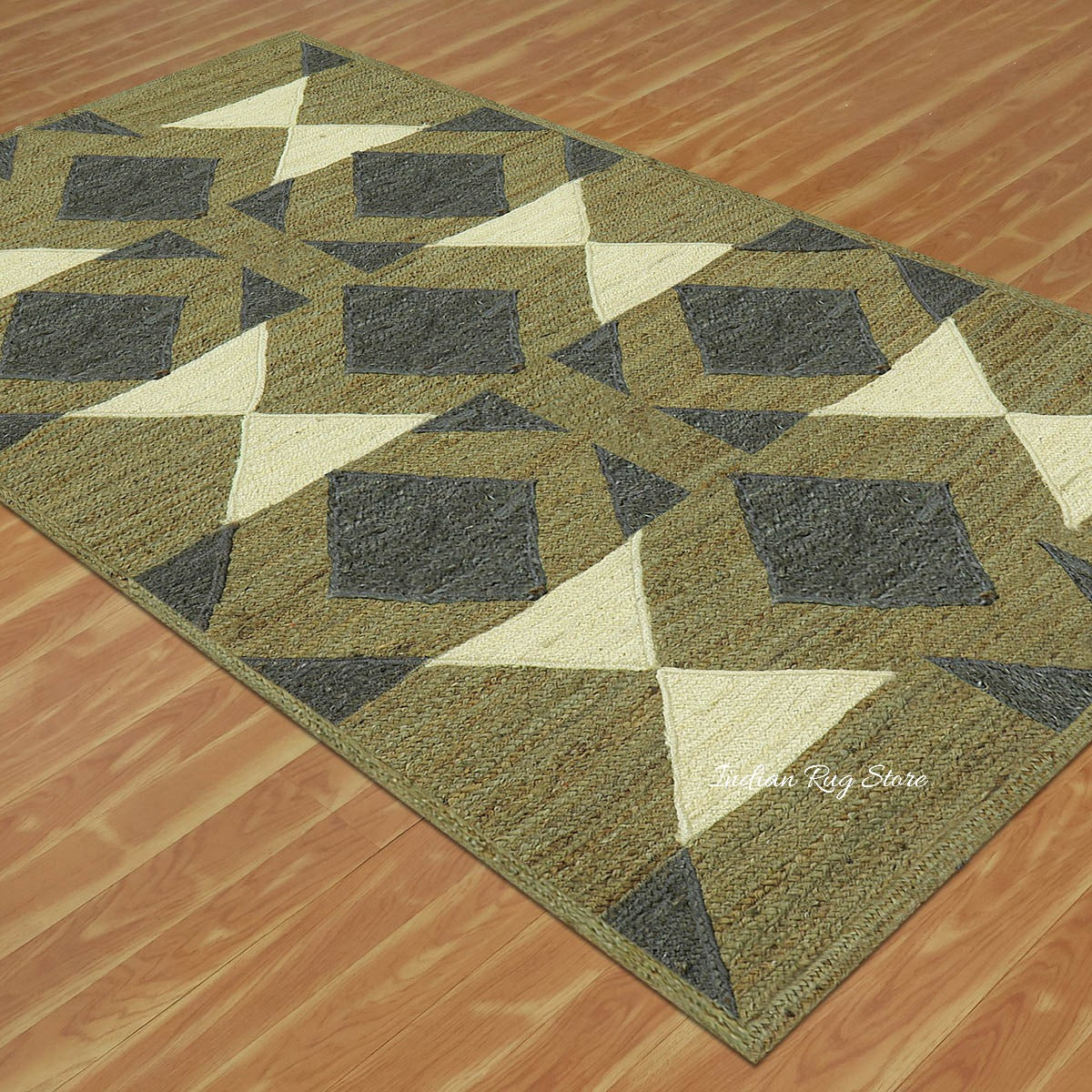 Multicolor Green Geometric Hand Braided Living Area Jute Rug