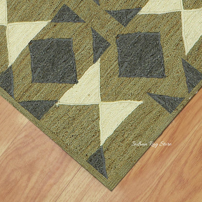 Multicolor Green Geometric Hand Braided Living Area Jute Rug