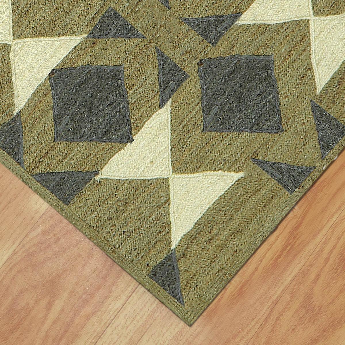 Multicolor Green Geometric Hand Braided Living Area Jute Rug - Indian Rug Store