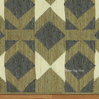 Multicolor Green Geometric Hand Braided Living Area Jute Rug