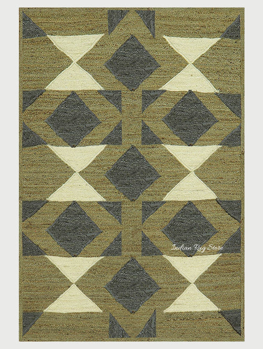 Multicolor Green Geometric Hand Braided Living Area Jute Rug