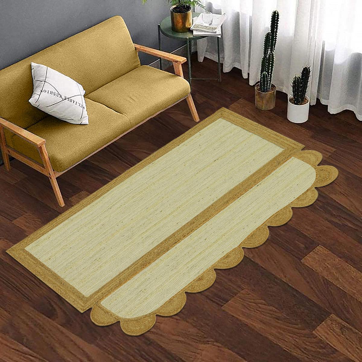 Hand Braided Geometric White Beige Interior Decor Jute Rug - Indian Rug Store