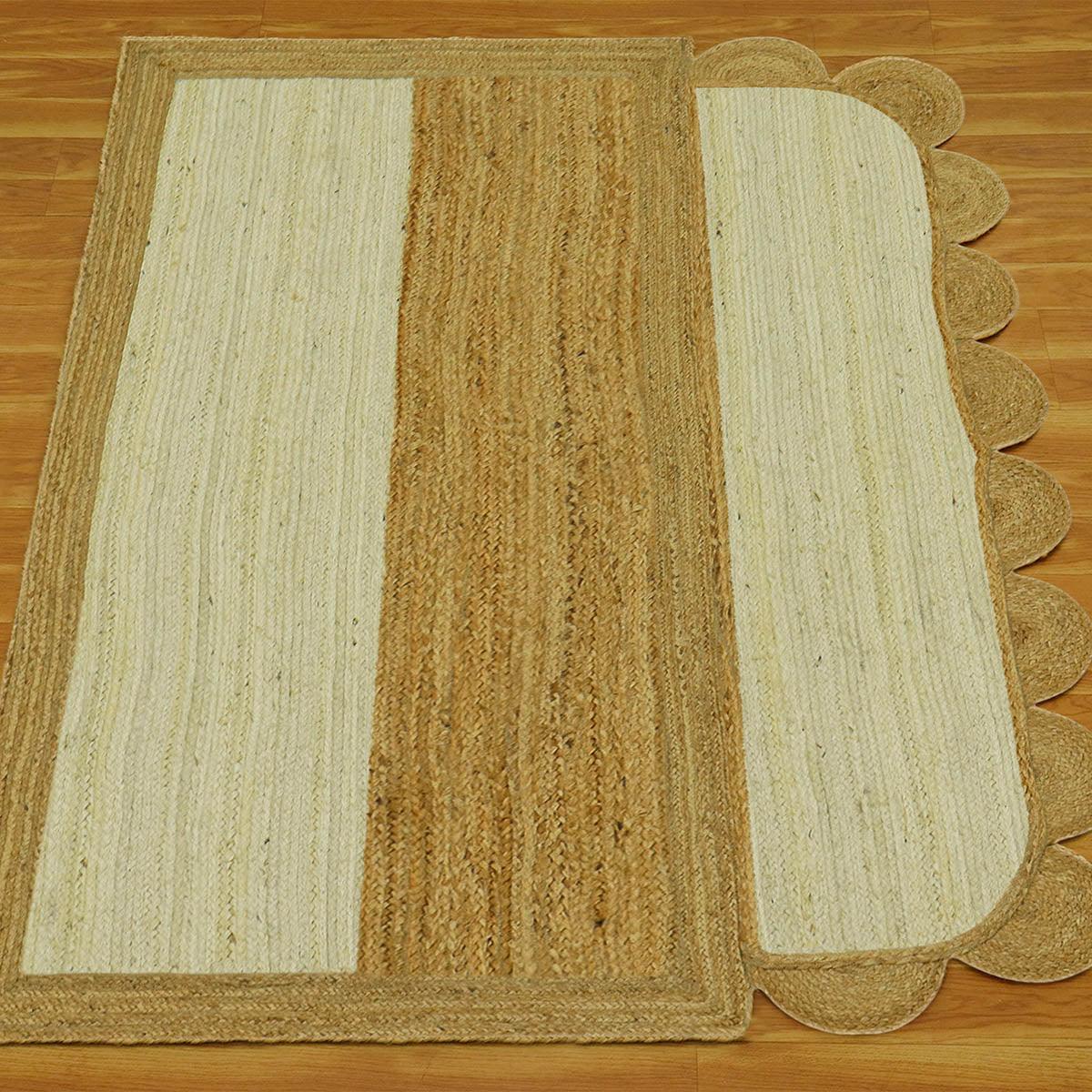 White Beige Hand Braided Geometric Home Decor Jute Rug - Indian Rug Store