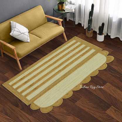 Alfombra de yute con diseño geométrico de estilo rústico, trenzada a mano, en color beige y blanco