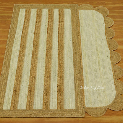 Alfombra de yute con diseño geométrico de estilo rústico, trenzada a mano, en color beige y blanco