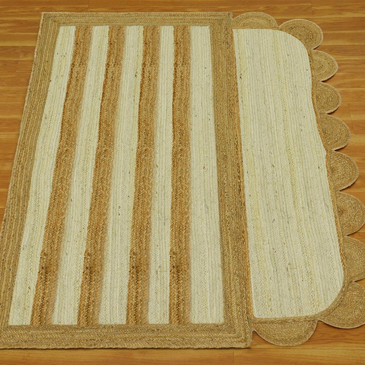 Geometric Beige White Hand Braided Farm House Decor Jute Rug - Indian Rug Store