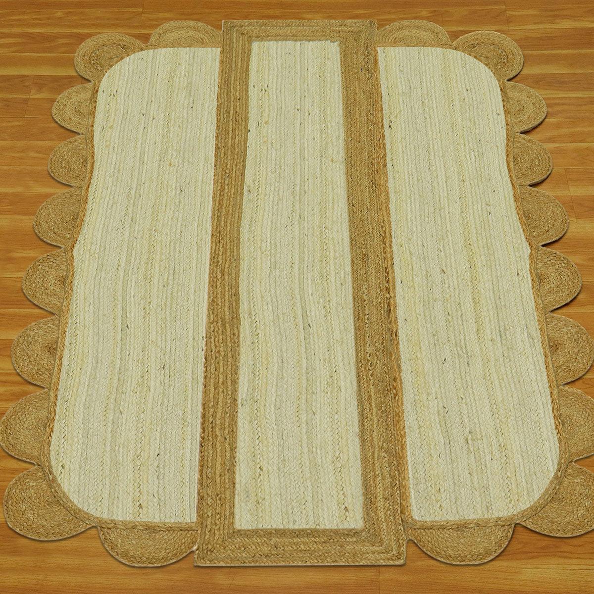 White Beige Hand Braided Geometric Hallway Decor Jute Rug - Indian Rug Store