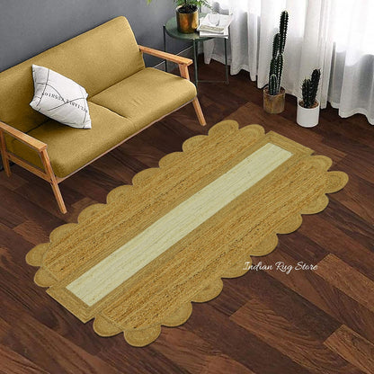 Hand Braided Beige White Geometric Living Area Jute Rug