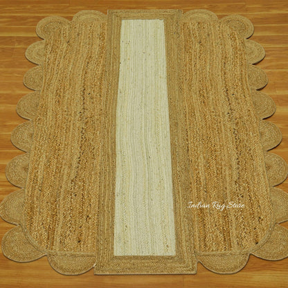 Hand Braided Beige White Geometric Living Area Jute Rug