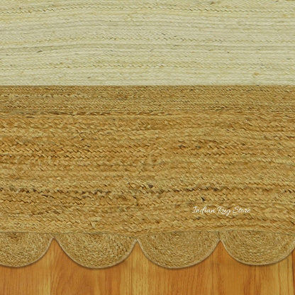 Hand Braided Beige White Geometric Living Area Jute Rug