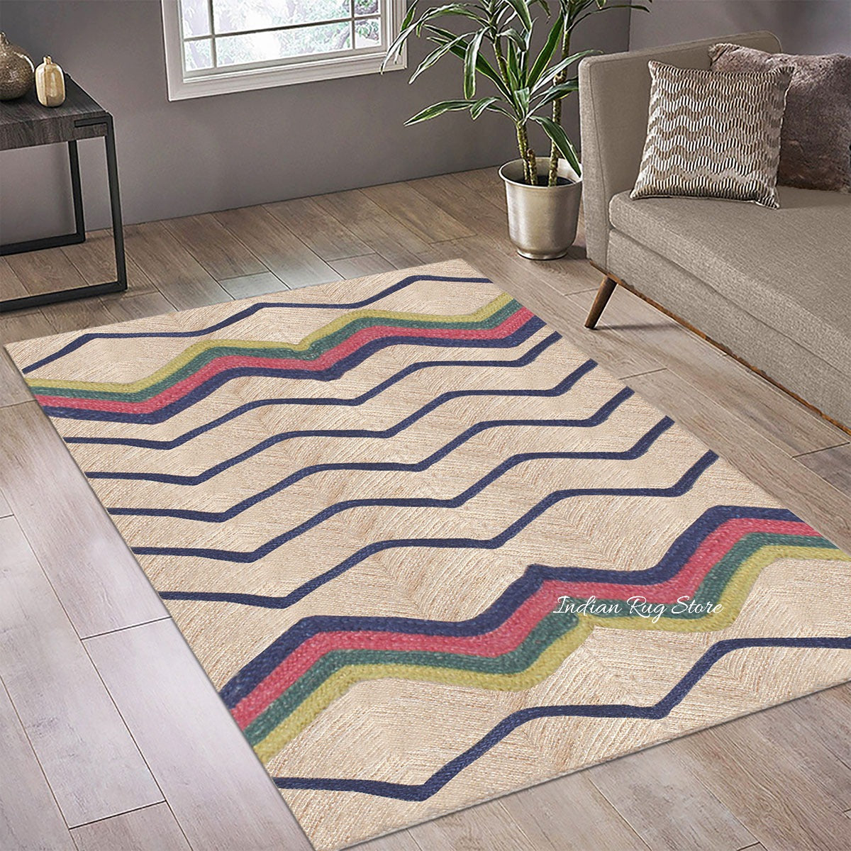 Hand Braided Blue Multicolor Geometric Farm House Decor Jute Rug