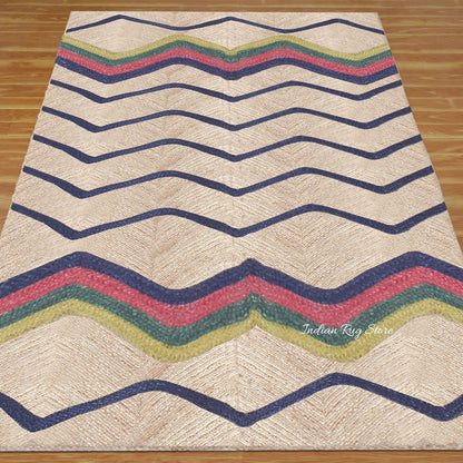 Hand Braided Blue Multicolor Geometric Farm House Decor Jute Rug