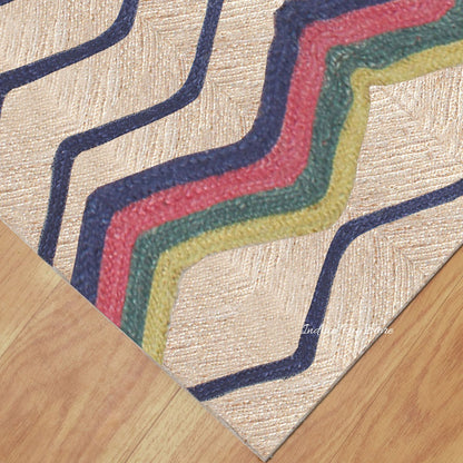 Hand Braided Blue Multicolor Geometric Farm House Decor Jute Rug