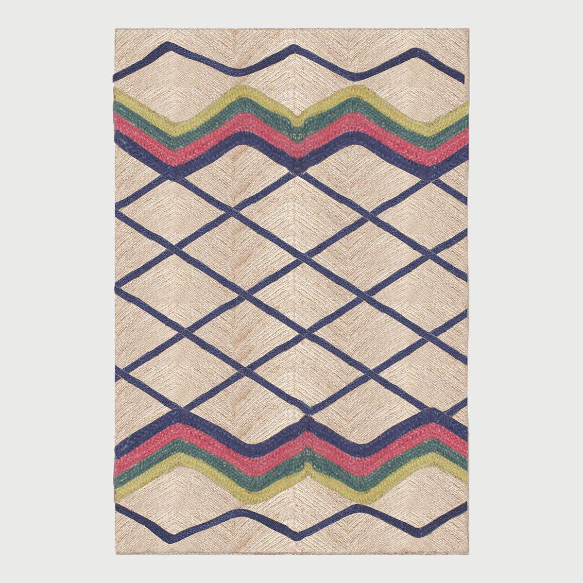 Geometric Blue Multicolor Hand Braided Living Area Jute Rug - Indian Rug Store