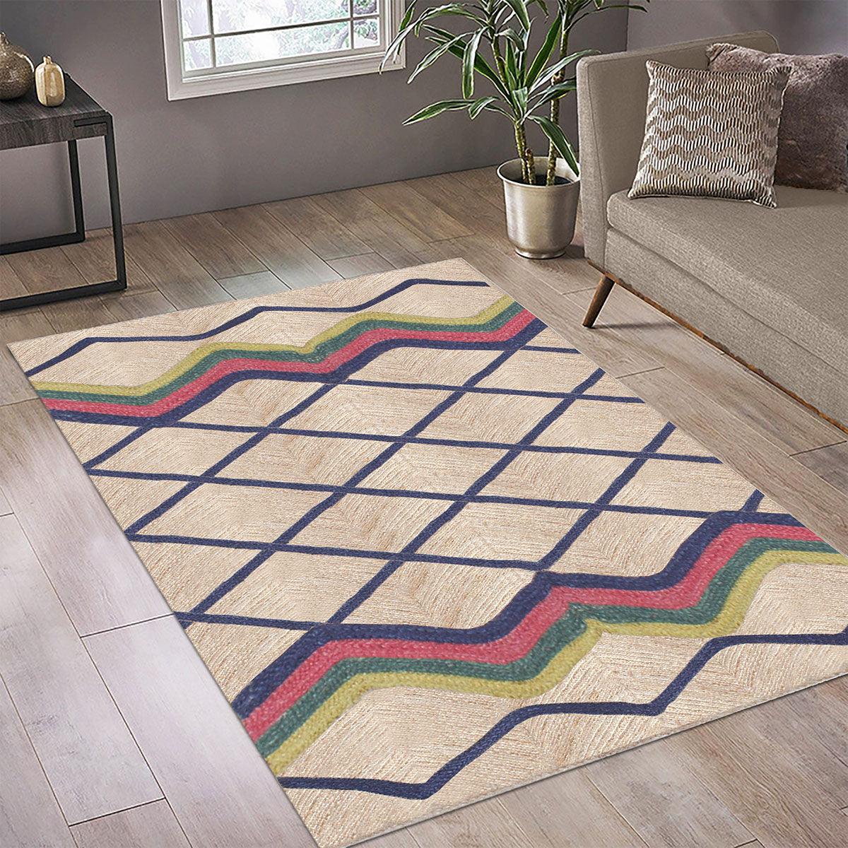 Geometric Blue Multicolor Hand Braided Living Area Jute Rug - Indian Rug Store