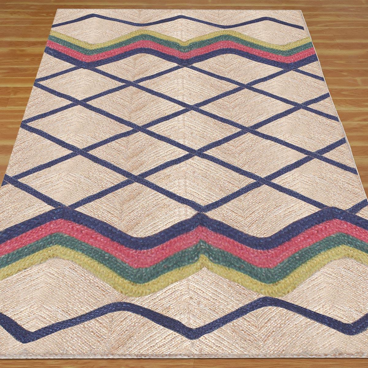 Geometric Blue Multicolor Hand Braided Living Area Jute Rug - Indian Rug Store