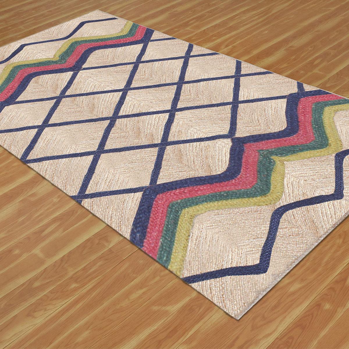 Geometric Blue Multicolor Hand Braided Living Area Jute Rug - Indian Rug Store