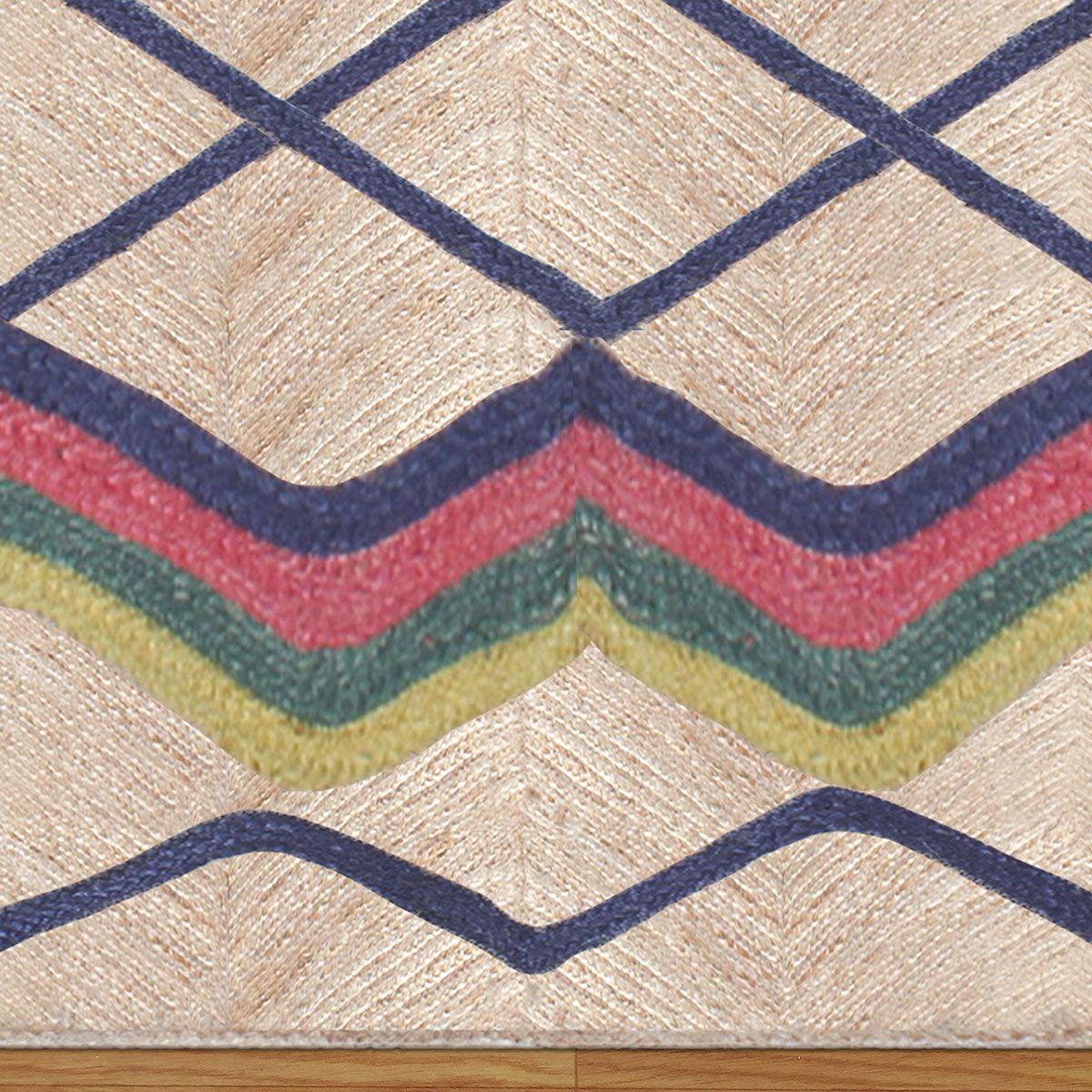 Geometric Blue Multicolor Hand Braided Living Area Jute Rug - Indian Rug Store