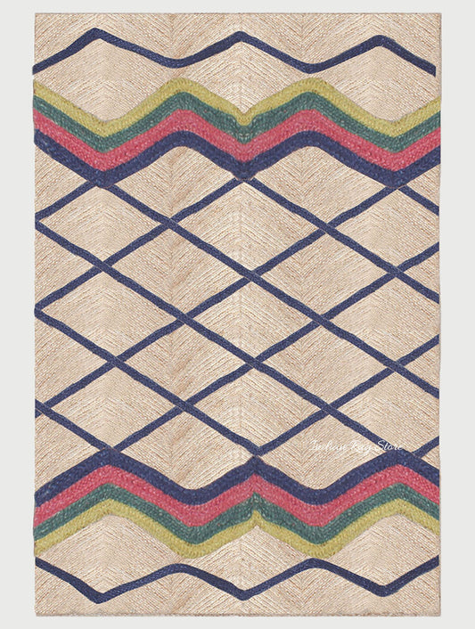 Geometric Blue Multicolor Hand Braided Living Area Jute Rug