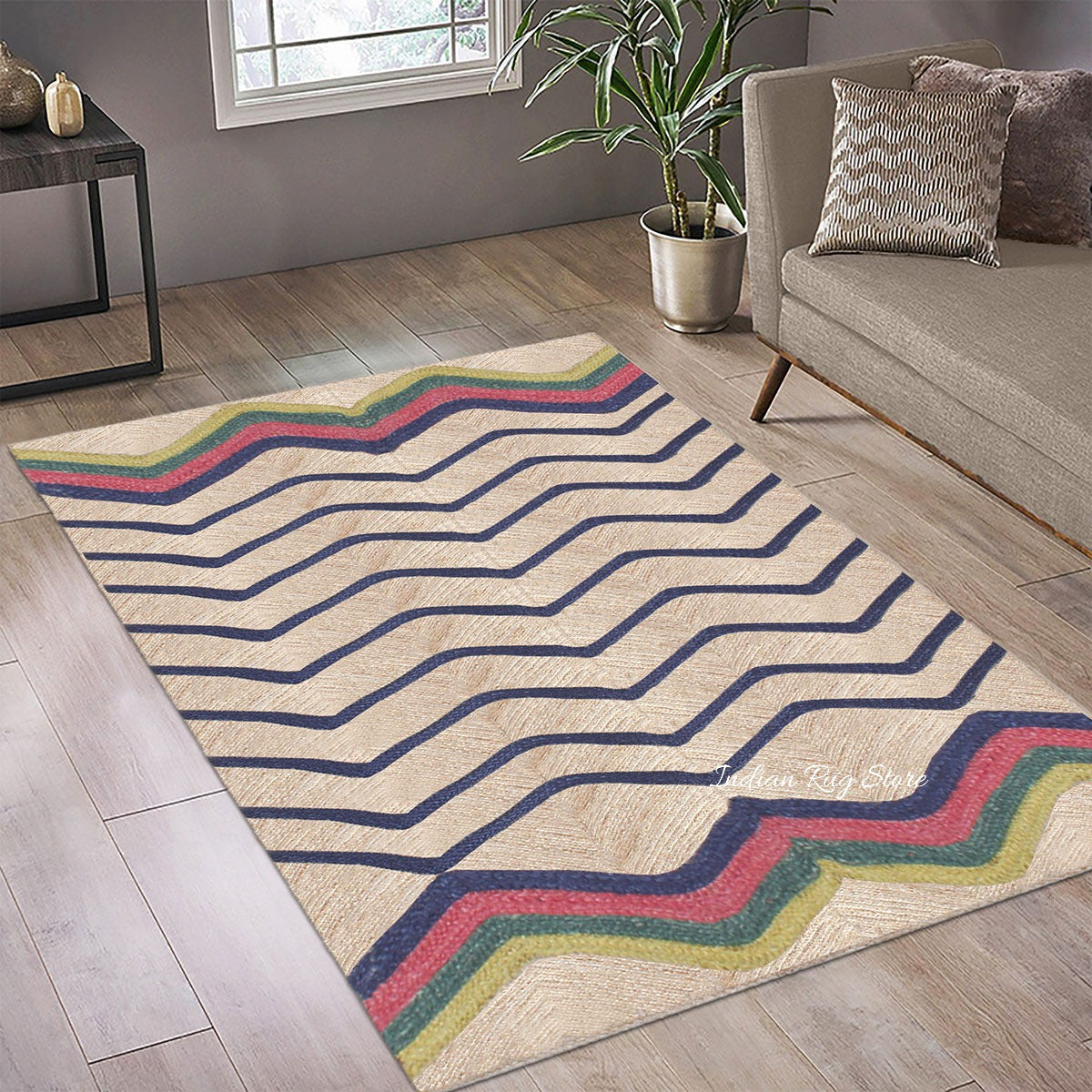 Multicolor Blue Hand Braided Geometric Dining Room Decor Jute Rug