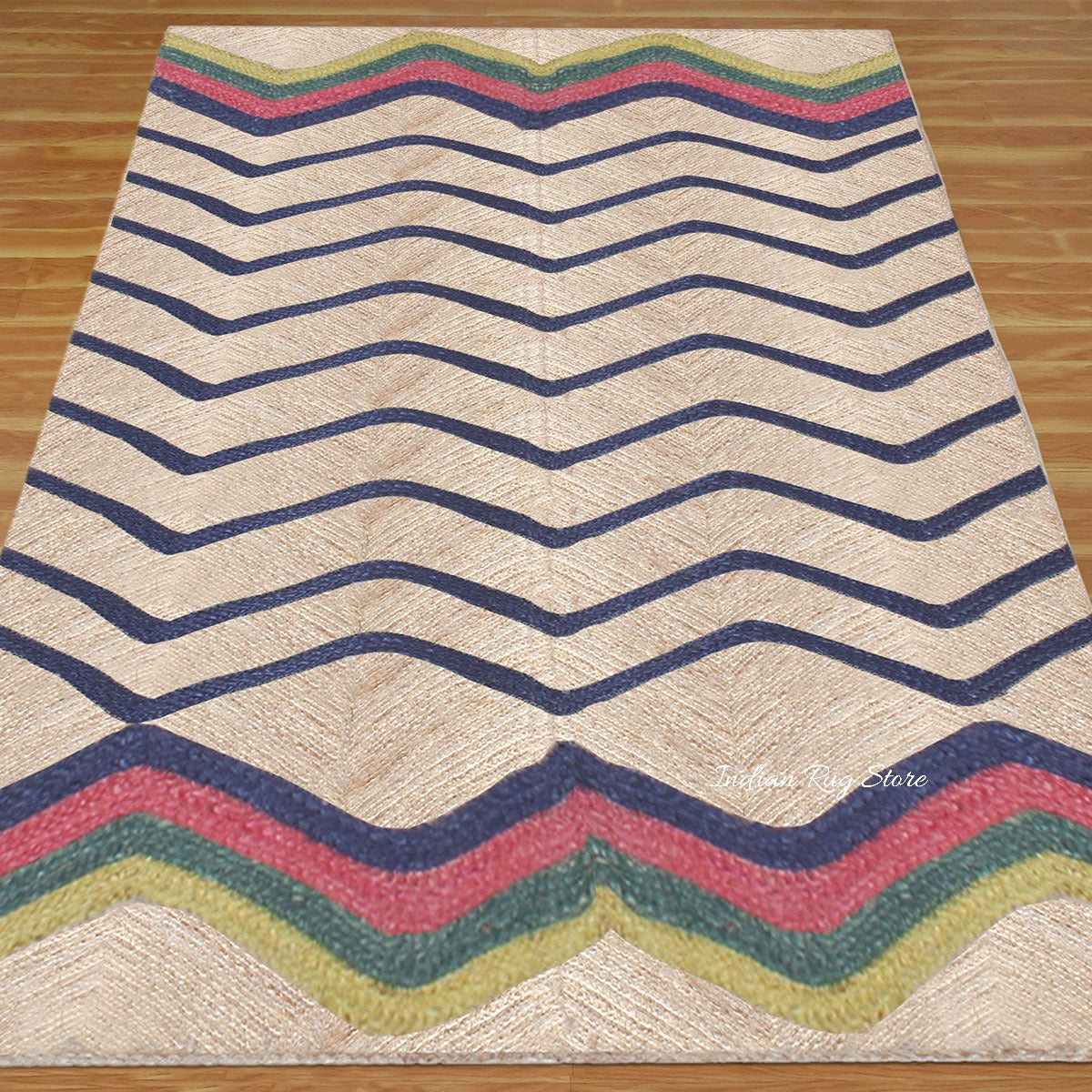 Multicolor Blue Hand Braided Geometric Dining Room Decor Jute Rug