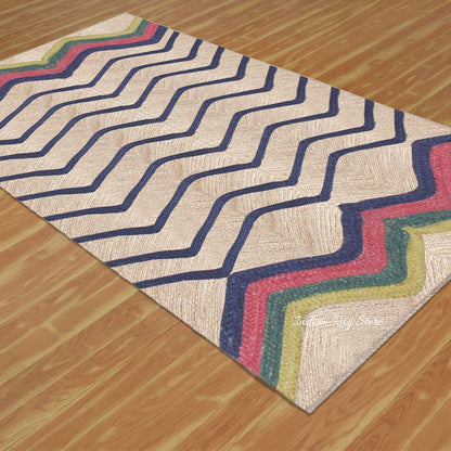 Multicolor Blue Hand Braided Geometric Dining Room Decor Jute Rug