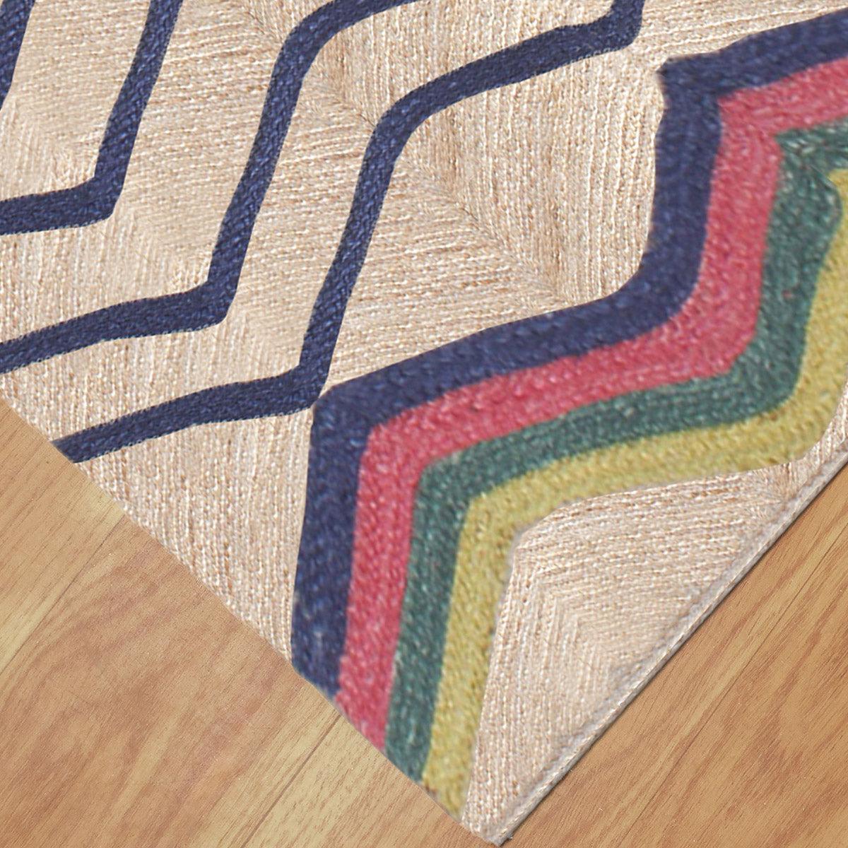 Multicolor Blue Hand Braided Geometric Dining Room Decor Jute Rug - Indian Rug Store