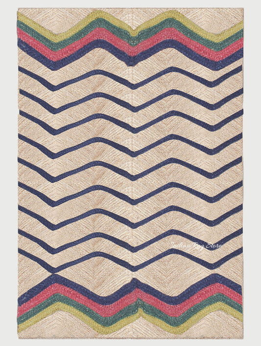 Multicolor Blue Hand Braided Geometric Dining Room Decor Jute Rug