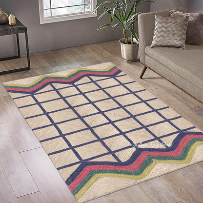 Blue Multicolor Geometric Hand Braided Out House Decor Jute Rug