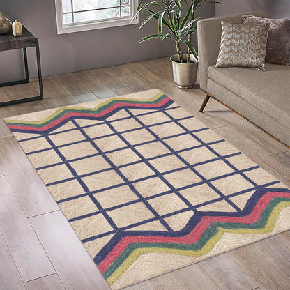 Blue Multicolor Geometric Hand Braided Out House Decor Jute Rug - Indian Rug Store