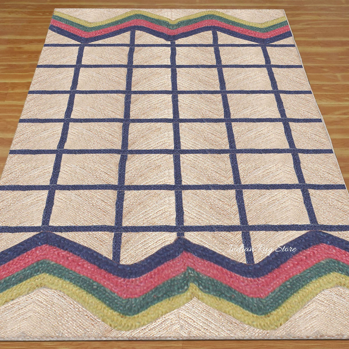 Blue Multicolor Geometric Hand Braided Out House Decor Jute Rug