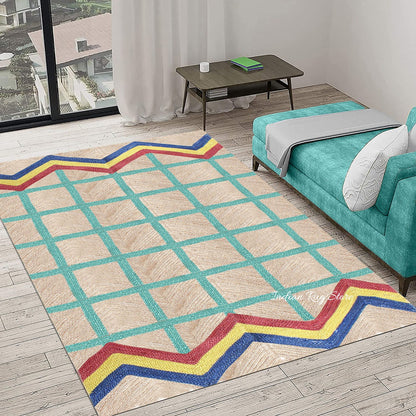 Bedroom Decor Green Multicolor Hand Braided Geometric Jute Rug