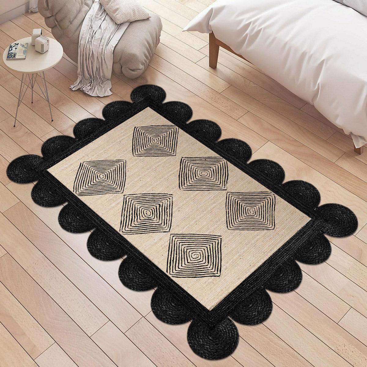 Hand Braided Black Beige Geometric Home Decor Jute Rug - Indian Rug Store