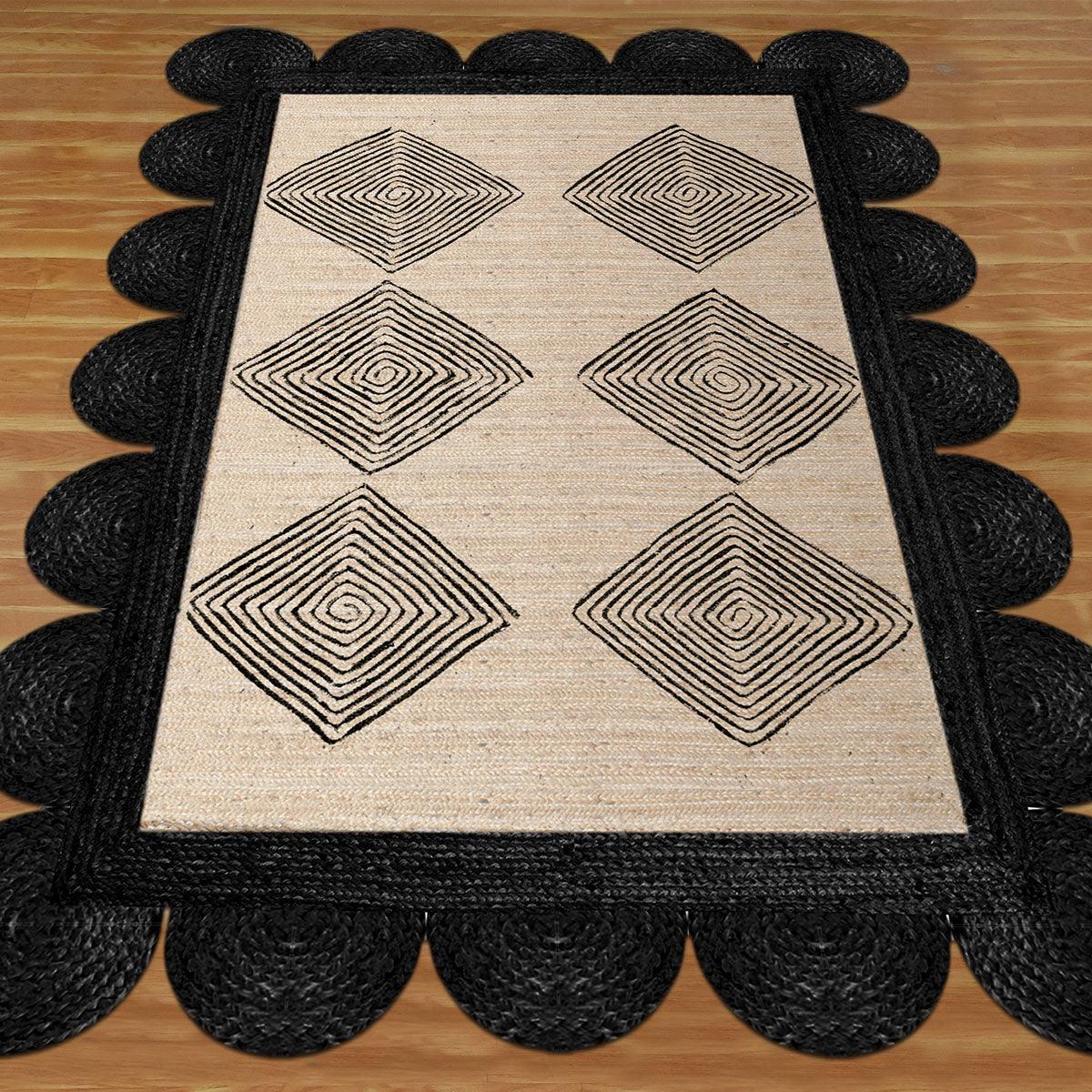 Hand Braided Black Beige Geometric Home Decor Jute Rug - Indian Rug Store