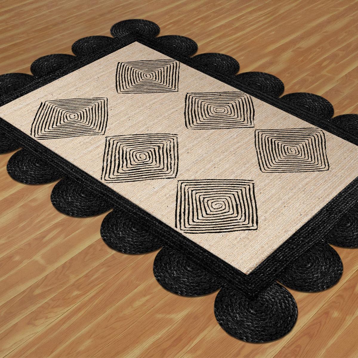 Hand Braided Black Beige Geometric Home Decor Jute Rug - Indian Rug Store