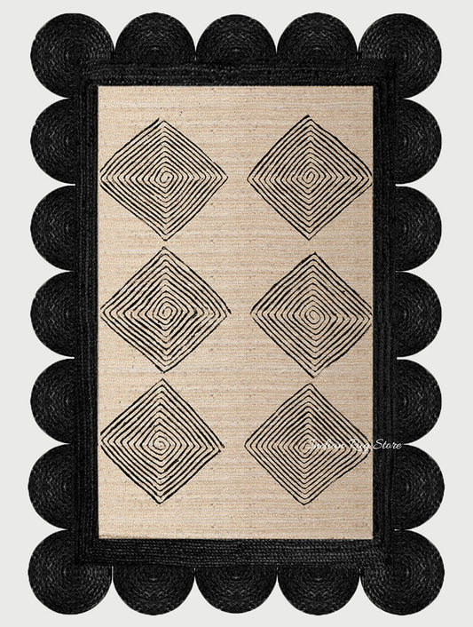 Hand Braided Black Beige Geometric Home Decor Jute Rug