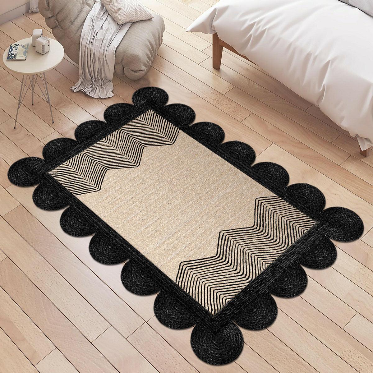 Geometric Hand Braided Beige Black Entrance Decor Jute Rug - Indian Rug Store