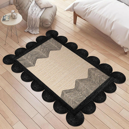 Geometric Hand Braided Beige Black Entrance Decor Jute Rug - Indian Rug Store