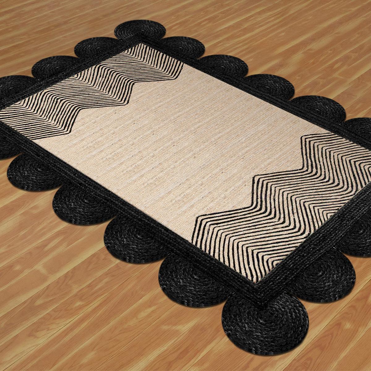 Geometric Hand Braided Beige Black Entrance Decor Jute Rug - Indian Rug Store